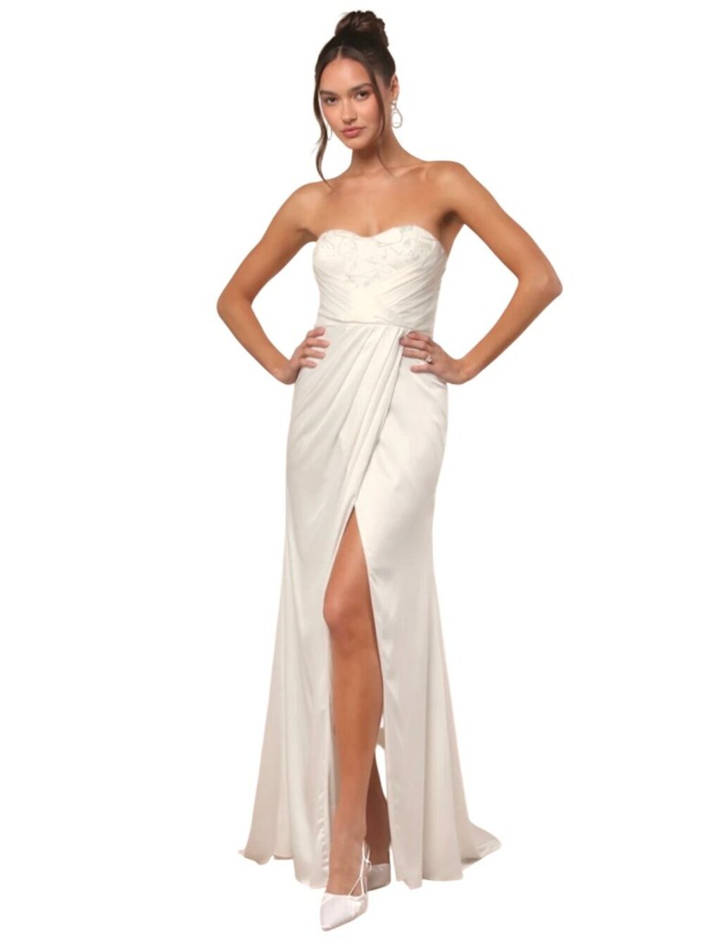 Lulus Heidy White Satin Beaded Strapless Maxi Dress Sz XL Wedding Bridal